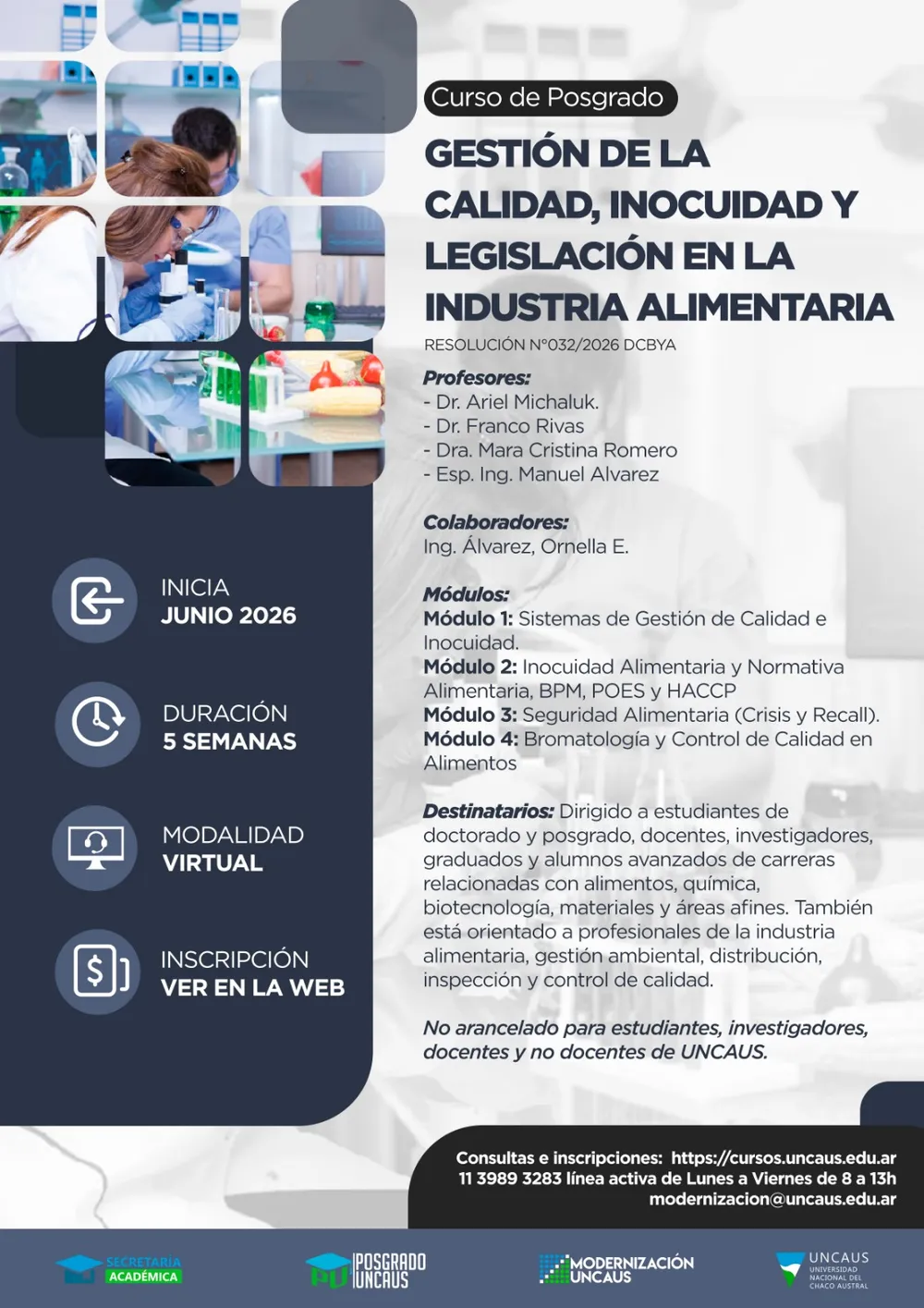 Curso de Posgrado: Gestión de la Calidad, Inocuidad y Legislación en la Industria Alimentaria