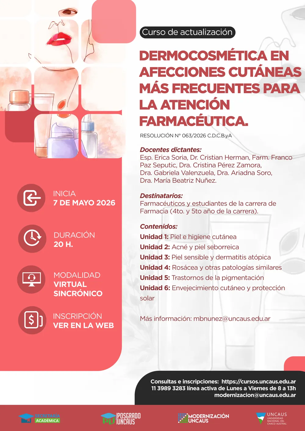 2026 Curso de actualización: Dermocosmética en afecciones cutáneas frecuentes en atención farmacéutica.