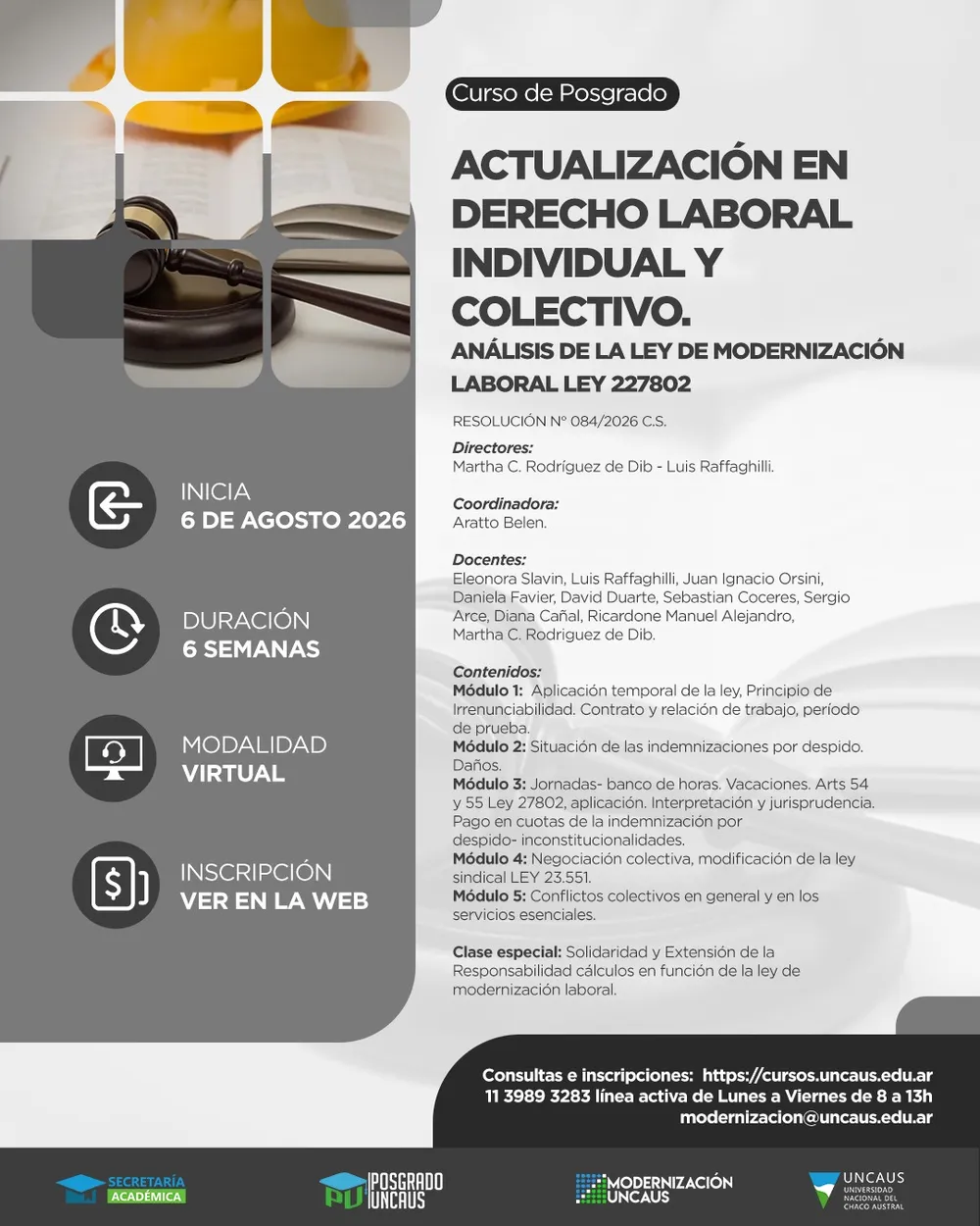 Curso de Posgrado: Actualización en Derecho Laboral Individual y Colectivo.